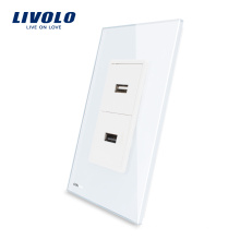 Livolo Двойной USB-порт для зарядного устройства с розеткой из белого жемчуга и хрустального стекла 2.1A, 5V VL-C592U-11